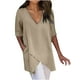 thumbnail image 2 of ICHUANYI Clearance Women's Summer Fashion Cropped Sleeves V-Neck Cotton Line Loose Shirt Blouse(Khaki, L) ICHUANYI WER2023080701661, 2 of 7