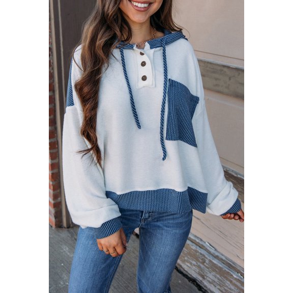 Casuashion Elegant White Hoodie with Colorblock Pockets - Women's Long Sleeve Casual Top