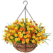 Artificial Hanging Flowers with Basket, Faux Silk Flowers in Coconut Lining Basket, Fake Hanging Plants for Outdoors Indoors Garden Patio Yard Porch Lawn, Orange,10Inches