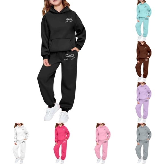 LIIPEE Girls Casual Outfits 2 Piece Bow Print Long Sleeve Pullover Hoodies And Sweatpants Kids Autumn Winter Cute Everyday Outfit Sets,10-11 Years
