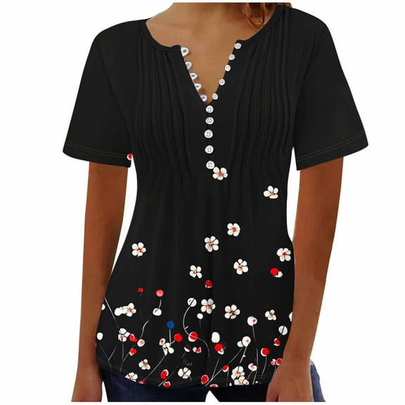 cocolona Womens Summer Front Pleated Tops Button V Neck Short Sleeve T-shirts Casual Loose Blouse Trendy Vintage Print Tees