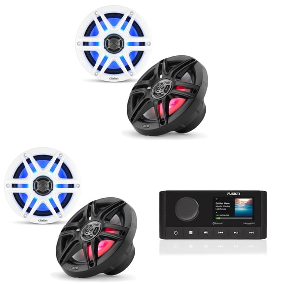 Fusion MS-RA210 Source Unit w/ Clarion ( 2 Pair ) CMS-651RGB-SWB 6.5-inch Coaxial Marine Speakers with built-in RGB illumination ( Includes White & Black Sport Grilles )