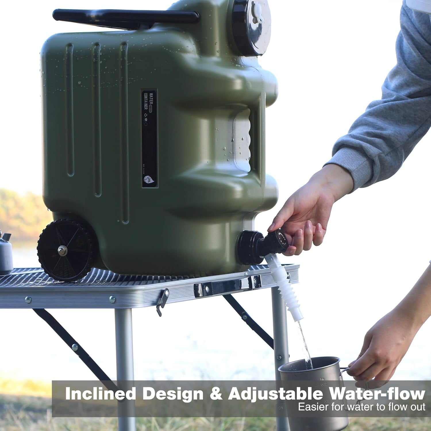 REDCAMP 7.4 Gallon Water Container with Wheels & Folding Handle, Portable Emergency Water Storage Tank with Spigot, BPA Free Water Jug for Camping Outdoor Hiking (28L, Green)