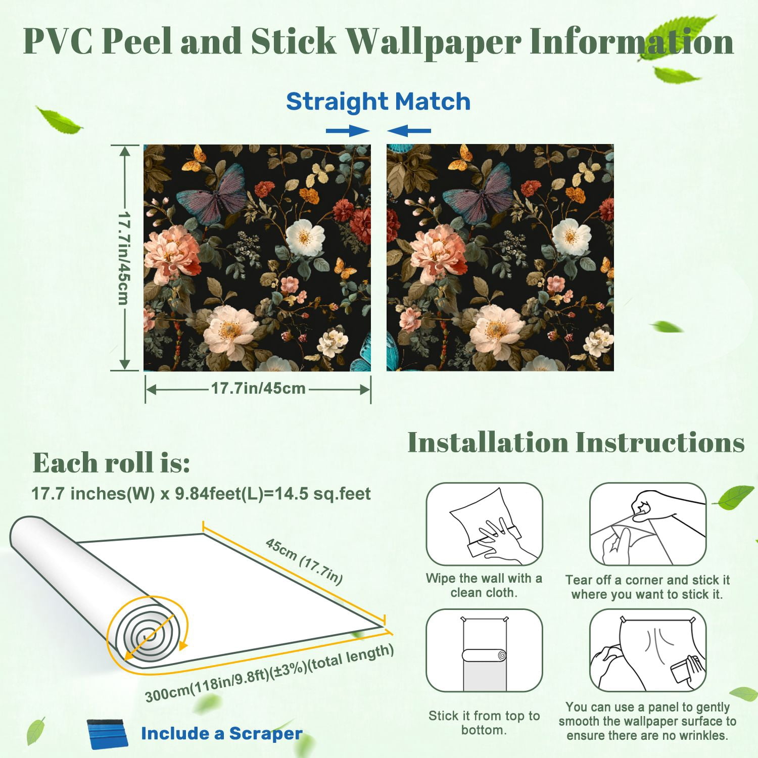 Peel and Stick Wallpaper Elegant Floral Butterfly Dark Vibrant Roses Colorful Butterflies 17.7in x 118in Contact Paper Removable Self Adhesive Wall Mural Wall Decor for Bedroom Kitchen Cabinets
