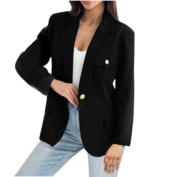 Scyoekwg Women's Coats Double Breasted Turndown Collar Blazer Jacket Fashion Loose Casual Long Sleeve Solid Color Coats (Black,L)