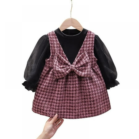 

Toddler Girl Outfits Long Sleeve Shirt Overall Skirt Uniform Dress Houndstooth Bow Strap Dress