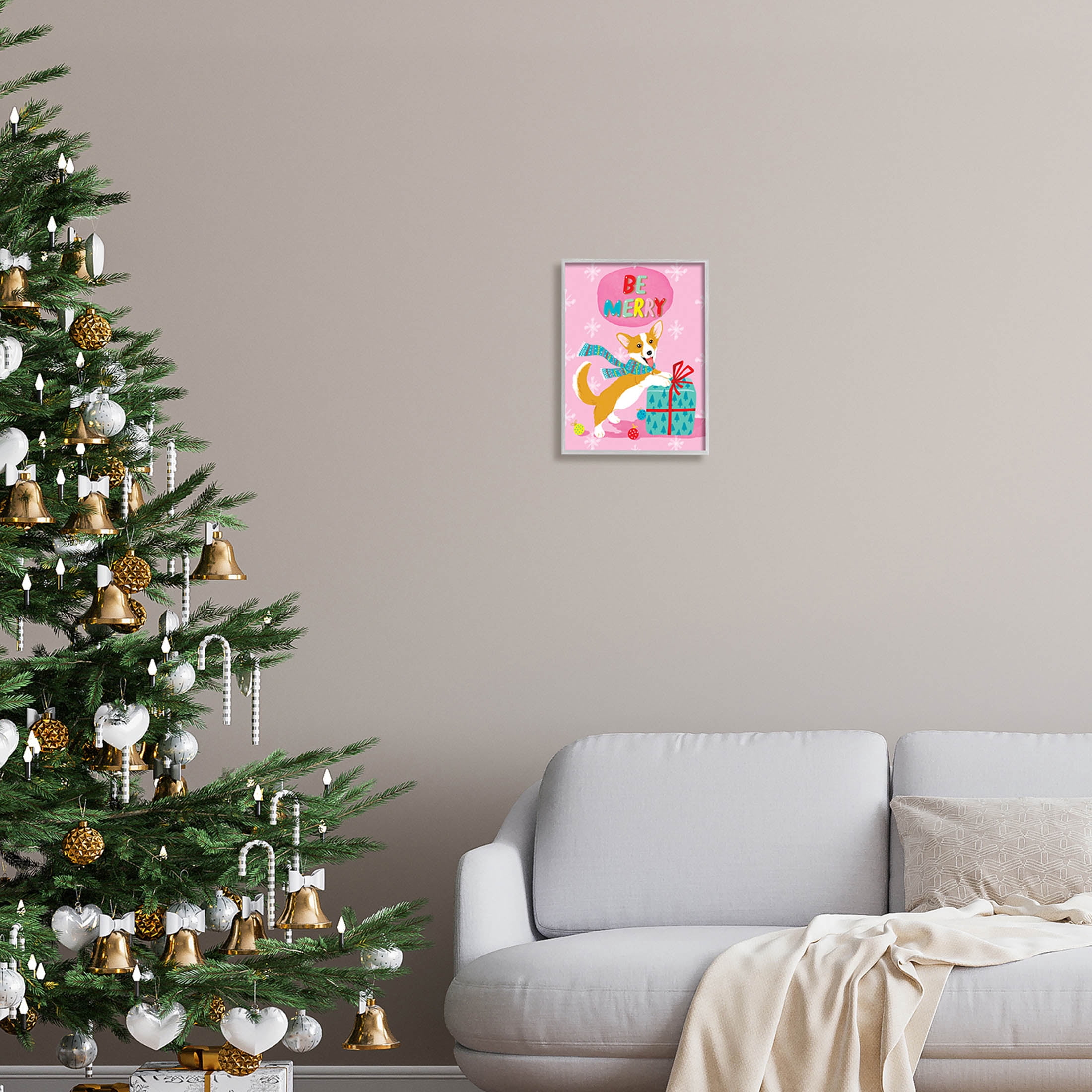 Be Merry Smiling Puppy Gift Holiday Graphic Art Gray Framed Art Print Wall Art