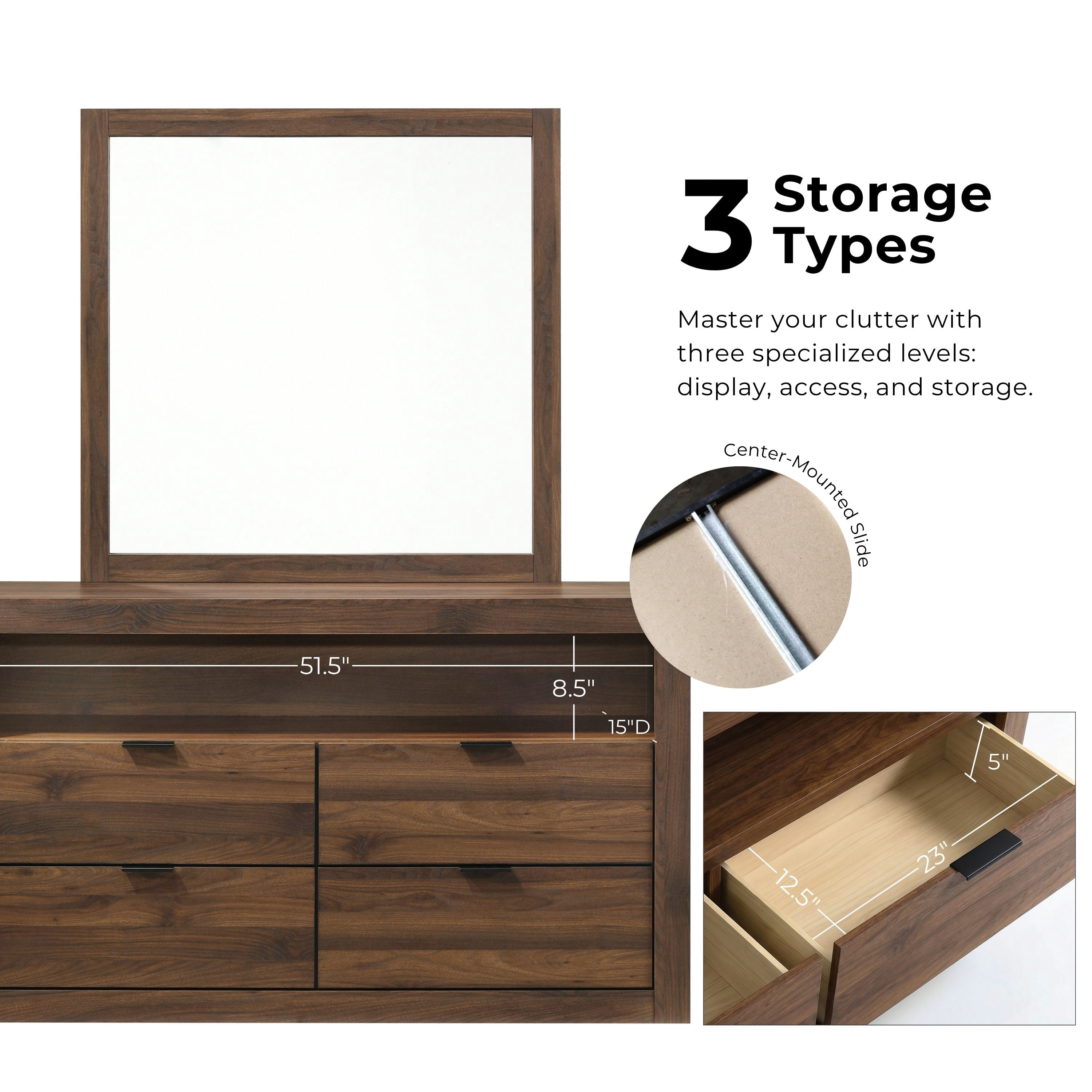 Furniture of America Talia Modern Solid Wood 4-Drawer Dresser with Mirror, Walnut