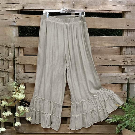 Usmixi Flare Pants for Women Flowy Pants for Women Vintage Cotton Linen Boho Ruffle Layer Long Pants Casual Solid Elastic Waist Plus SIze Ladies Girls Trousers Under $5