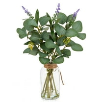 14" Eucalyptus Leaves with Lavender Flower Artificial Plant Stems in Glass Vase with Faux Water Home Office Farmhouse Wedding Centerpiece Décor