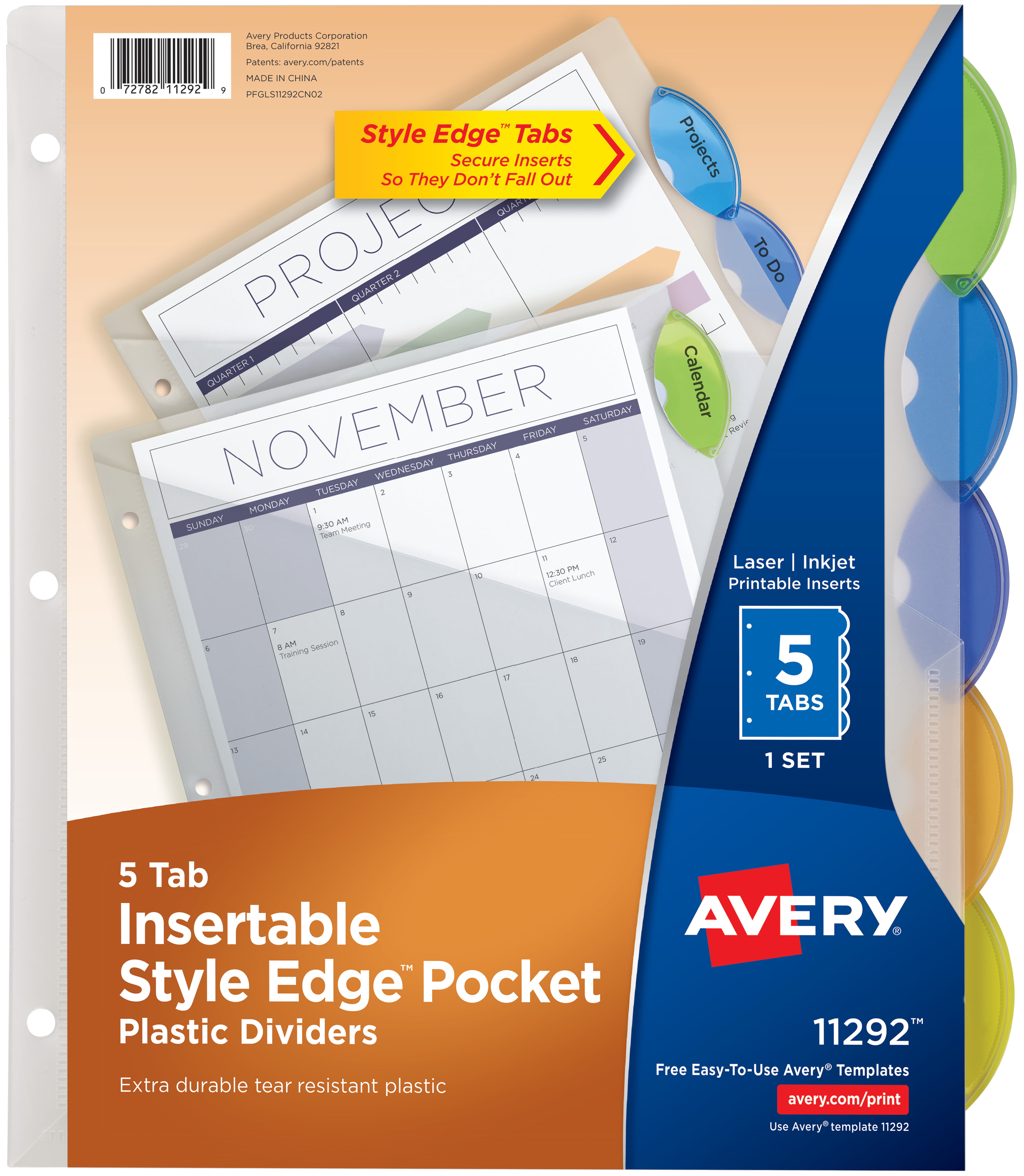 11 1/8 x 9 1/4,Multicolor Avery 11273 Big Tab Plastic Dividers w/Three Pockets & Corner Lock 5-Tab 