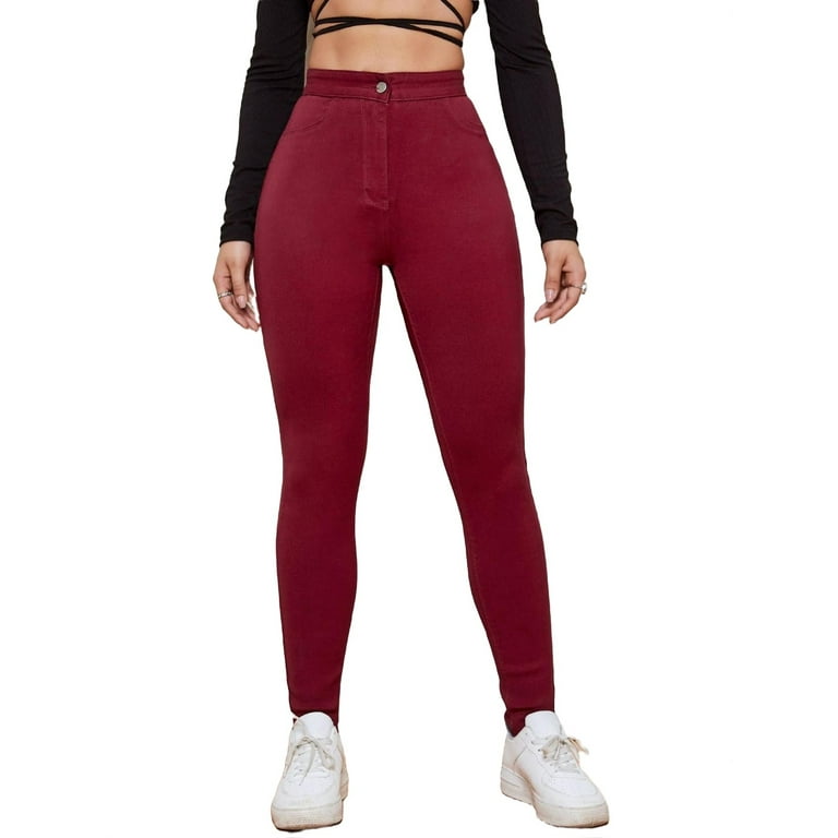 Women s Jeans High Waist Skinny Jeans Burgundy M Walmart