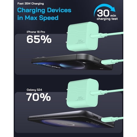 PYAN-35W Type C Fast Charger Compatible with iPhone 17 16 15 Charger Fast Charging 3-Pack USB C Charger Block Type C Chargers 6 FT Type C to C Cable for IP 17 Pro Max/16/15 Series-Green