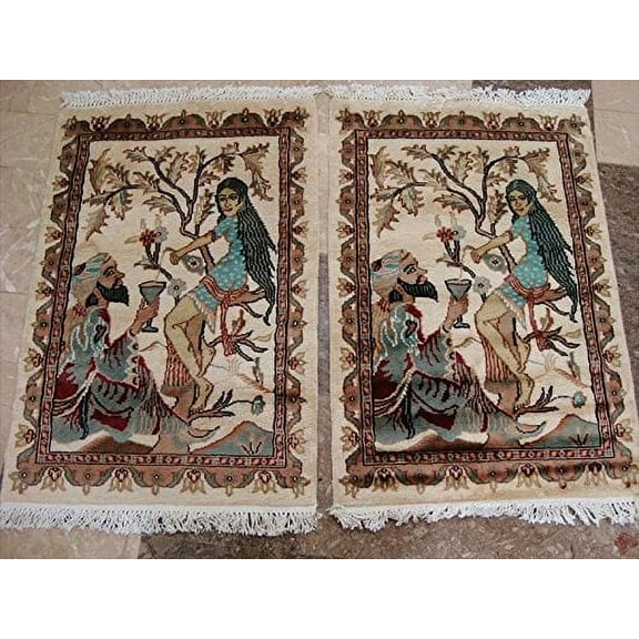 Ahmedani Linen Wow King Umre Khayam Love Exclusive Designed Home Decor Indoor Area Rugs Hand Knotted Wool Silk Carpet Pair (3 x 2)'