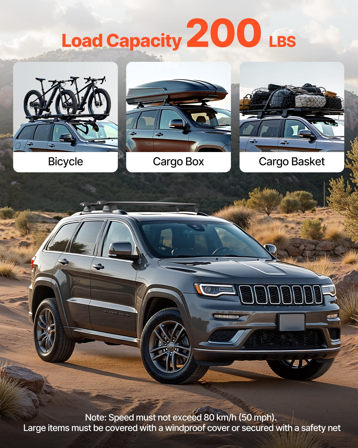 VEVOR Roof Rack Cross Bars, Fits Jeep Grand Cherokee 2011-2021 (With Grooved Side Rails), 200 LBS Capacity, Lockable Heavy Duty Aluminum Crossbar Racks Roof Rail Rooftop Luggage Canoe