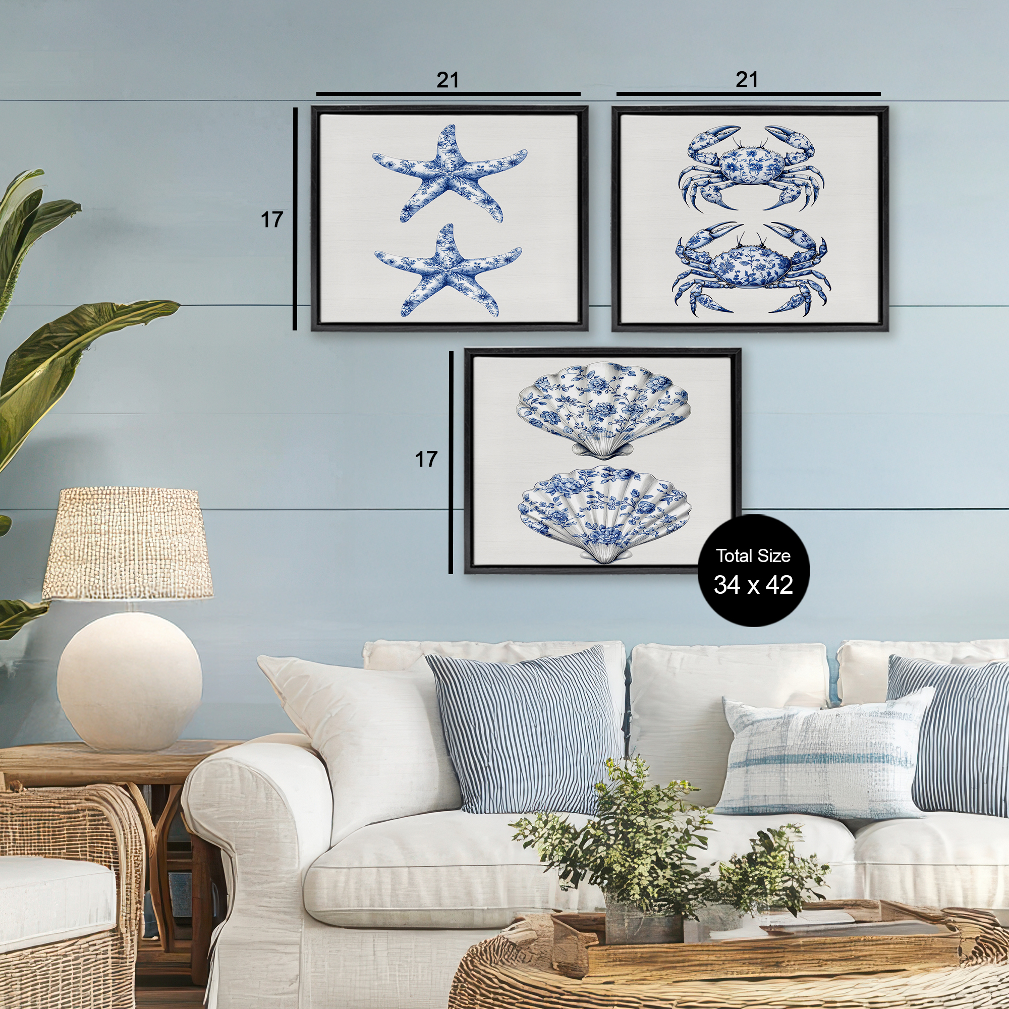Vintage Toile Starfish & Crabs 3 Piece Black Framed Floater Canvas Set, design by Lettered and Lined