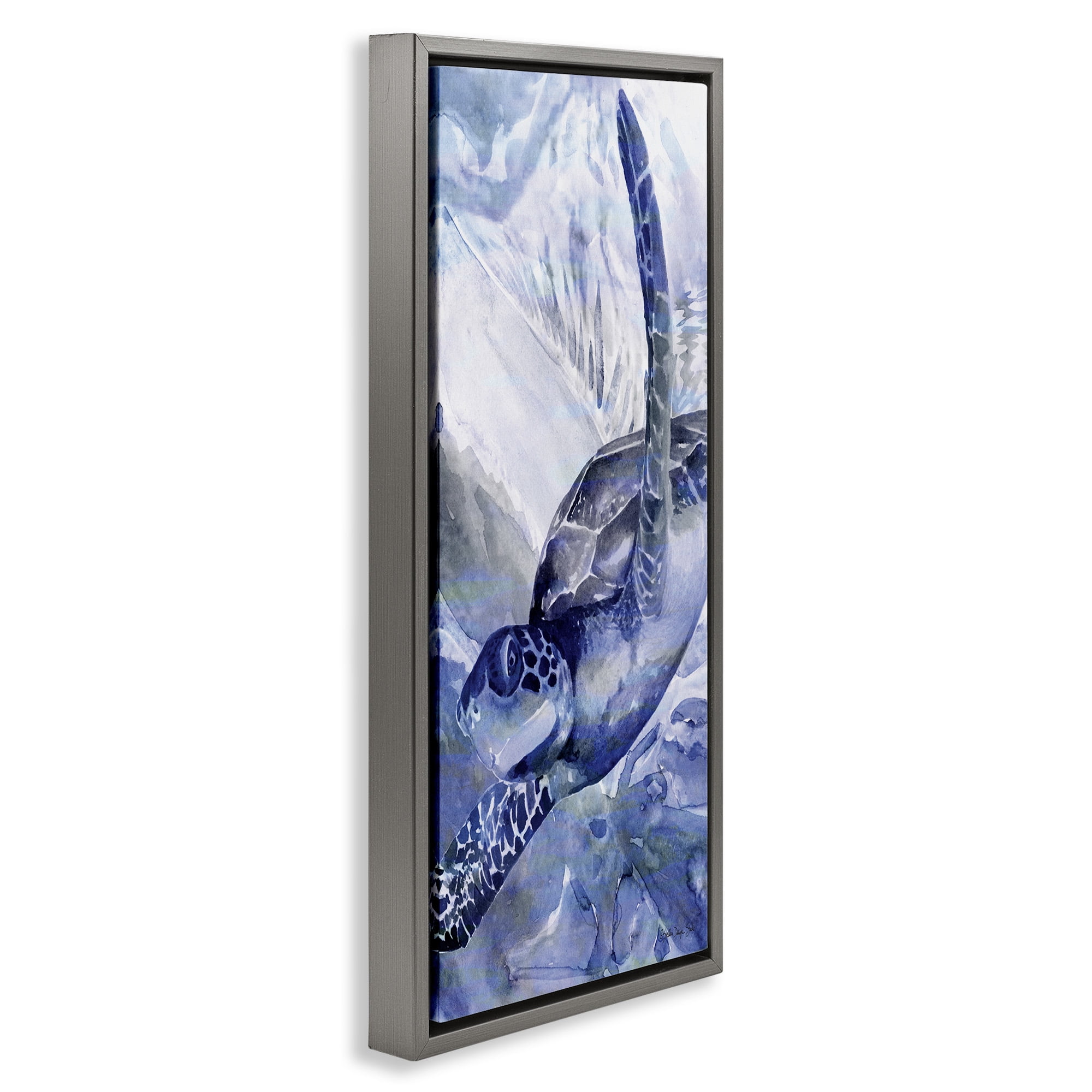 Stupell Industries Sea Turtle Swimming In Ocean Animals & Insects Painting Gray Floater Framed Canvas Art Print Wall Art, 15 x 31