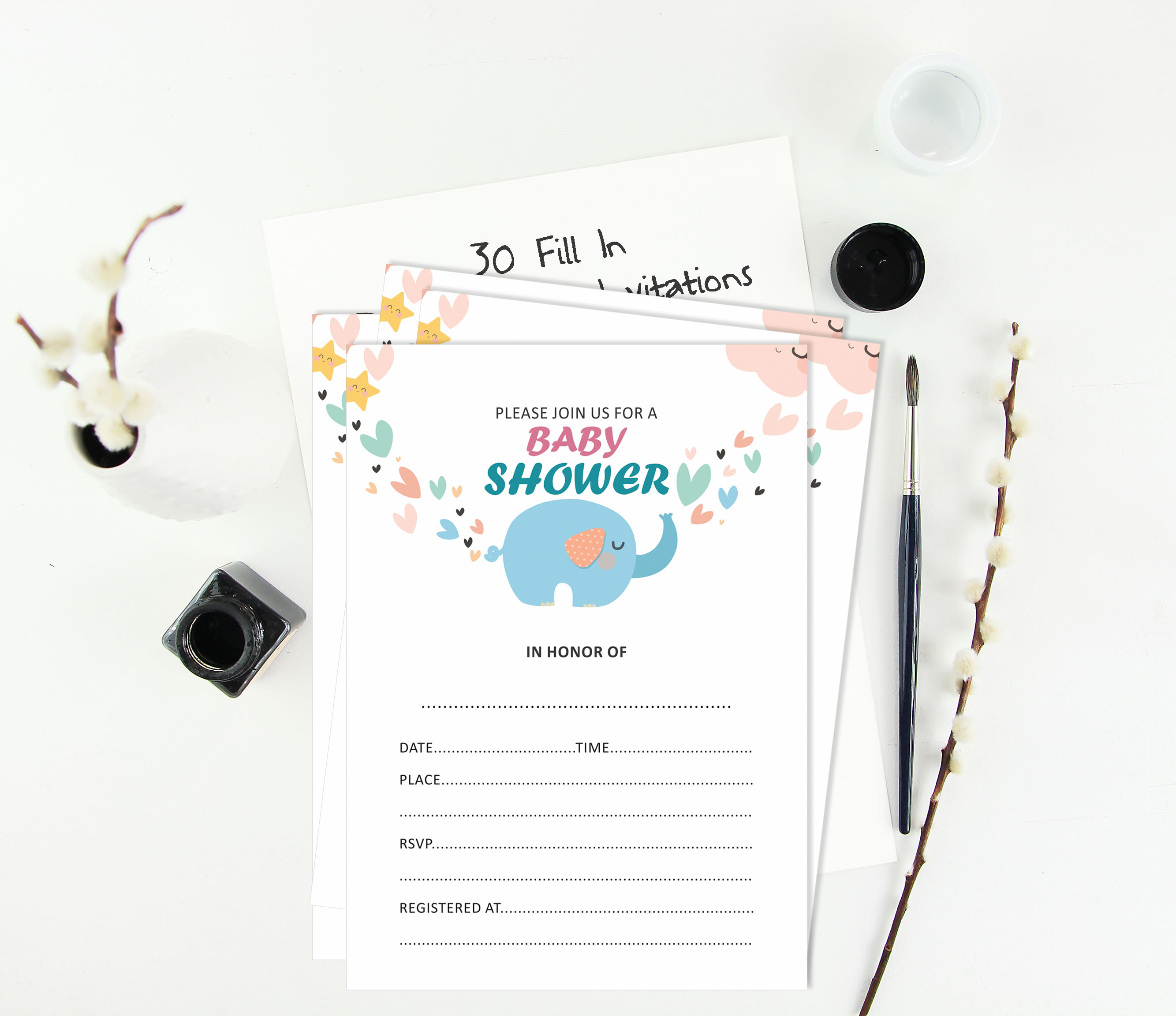 Inkdotpot 30Elephant Jungle Animals Baby Shower Invitation Cards Gender Neutral Fill In Blank Invites