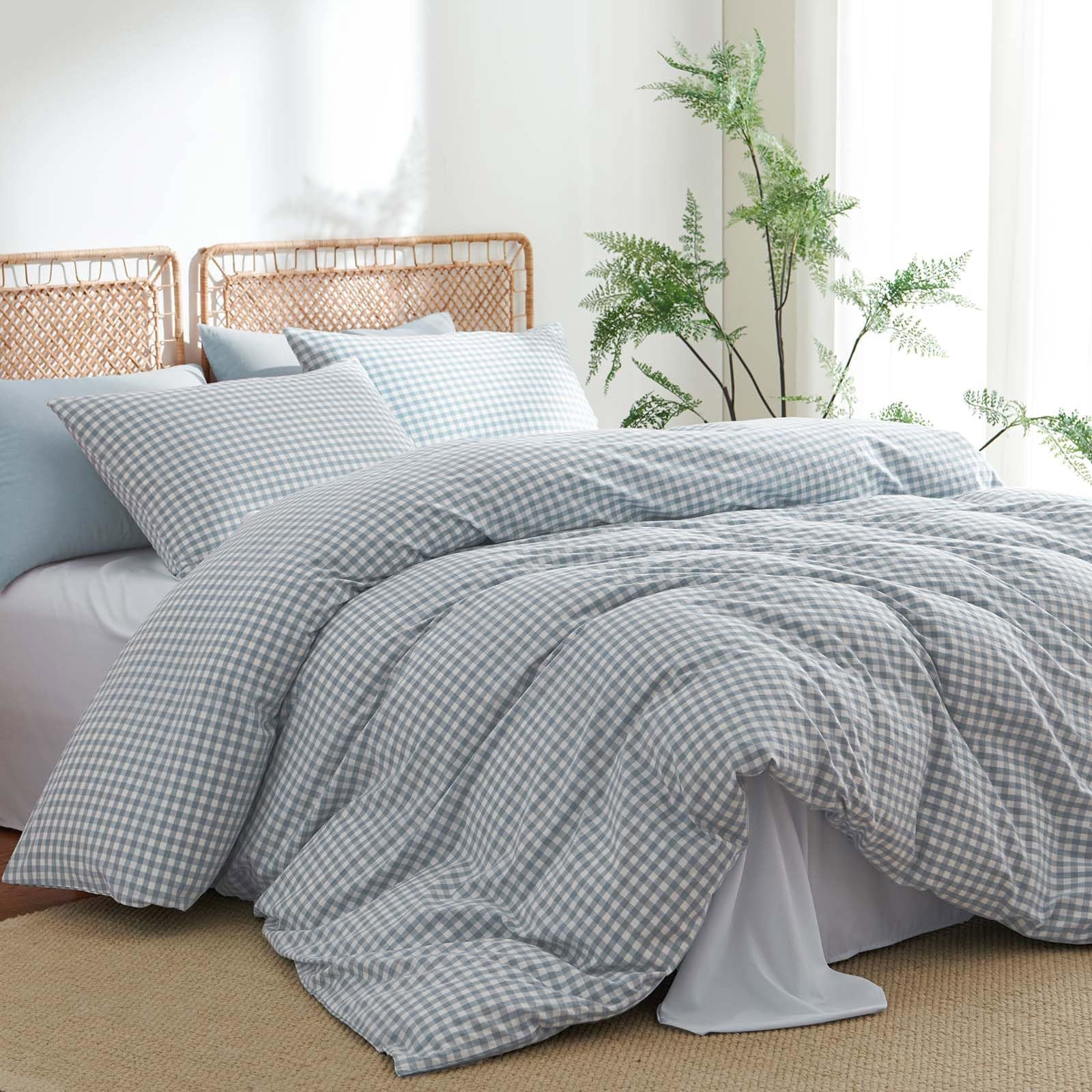 3 Pieces Blue Gingham Duvet Cover 100% Washed Cotton Plaid Checkered Full Duvet Cover Set Modern Grid Bedding Set with Zipper Closure Corner Ties