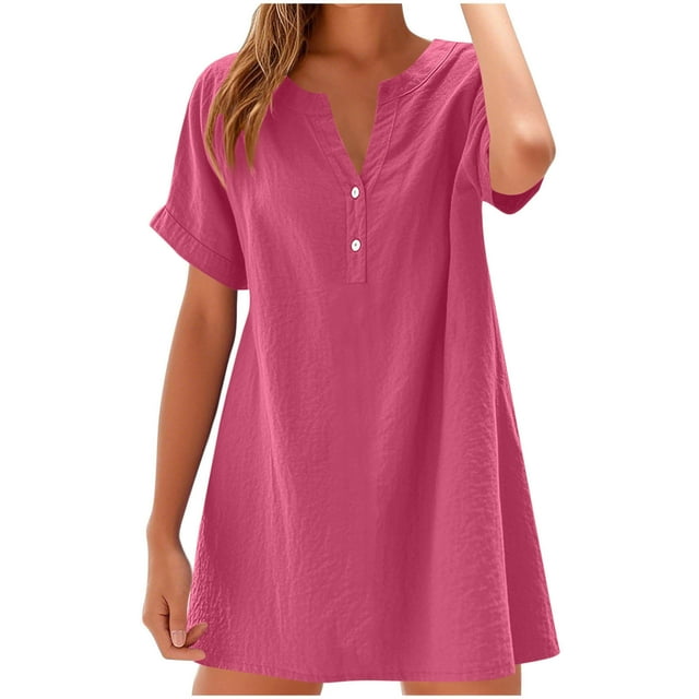 Cinvoph Robe Décontractée à Manches Courtes pour Femmes Col en V Boutons Robe Chemise Ample Travail Sortie Quotidienne Robe d'Été