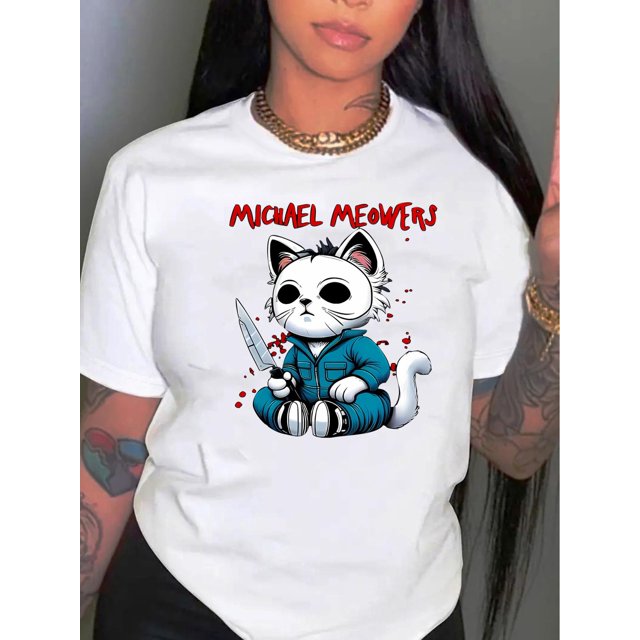 Women's "Michael Meowers" Horror Cat Graphic Tee - Casual & Sporty Round Neck Short Sleeve, Comfortable Polyester Blend Summer Top with Machine Washable Feature