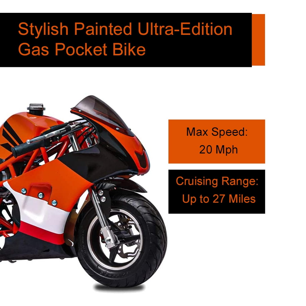 FRP 4 Stroke Pocket Bike 03, Pocket Bike for Kids W/ Strong Dual Brake, Realistic Racing Pocket Rocket Max Speed 20 Mph, Mini Bike Max Weight 165 LB-Ultra Edition, Orange