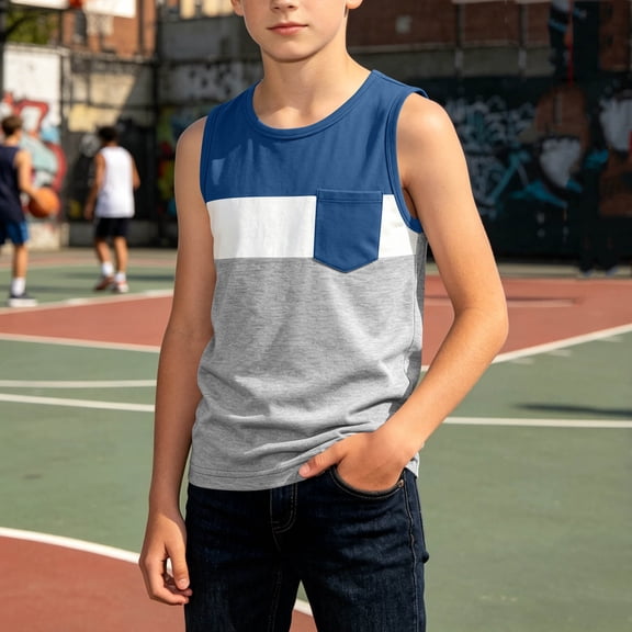 FSYBOA Boys Tank Tops, Color Block Casual Crew Neck Sleeveless Kids Summer Tops Navy Size 7 T