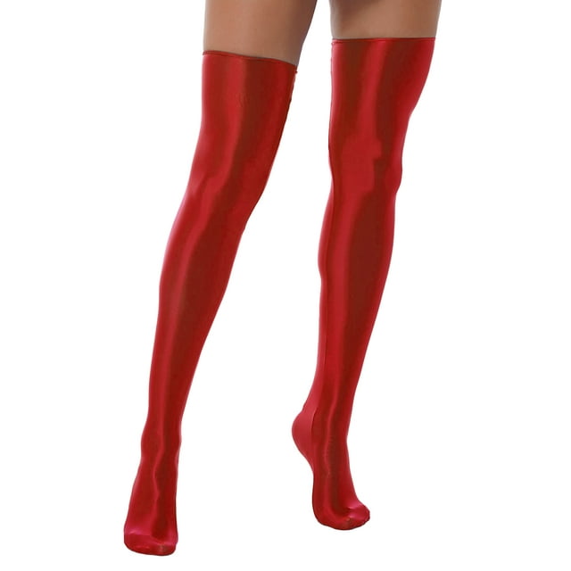 dPois Bas Collants Brillants pour Femmes, Bas-Cuisses, Chaussettes, Brillants, Restent en Place, en Soie, avec Pieds, Opaques, Rouges, Taille Unique