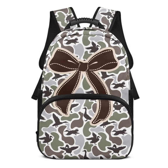 KEIAHUAN Duck Camo Brown Bow Kids Backpack, Soft Breathable Back Panel Bag, 17 Inch Large Capacity Multi Storage Pockets Fits 14 Inch Laptop for Boys Girls Weekend Travel