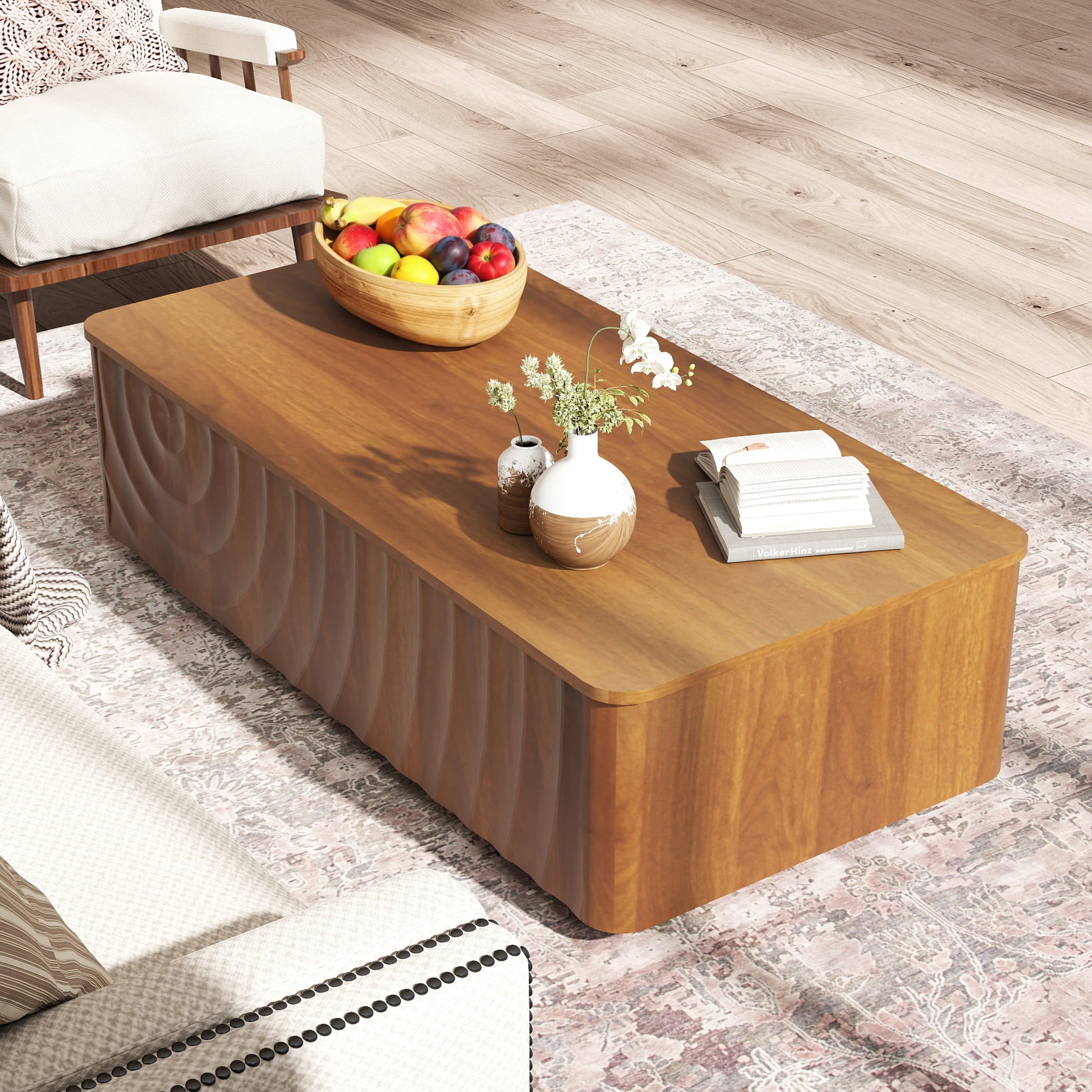 Noble House Onel Modern Coffee Table with Storage Drawers Rectangle Water Wave Texture Table for Living Room, Walnut