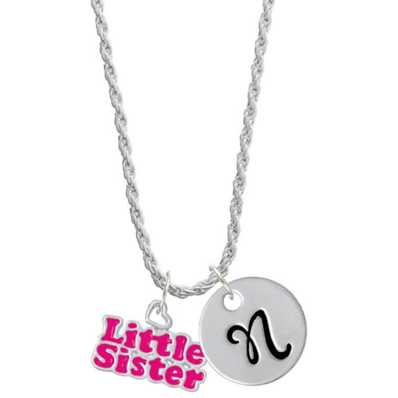 Delight Jewelry Hot Pink ''Little Sister'' with Heart Silvertone Script Initial Disc - N - Charm Necklace, 20"+3"