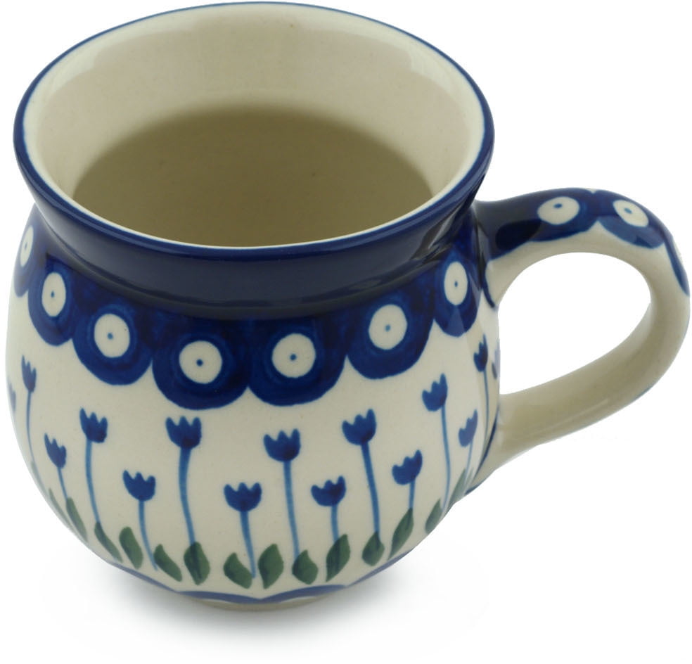 Polish Pottery Bubble Mug 12 oz Polmedia Blue Tulip Peacock Theme Hand