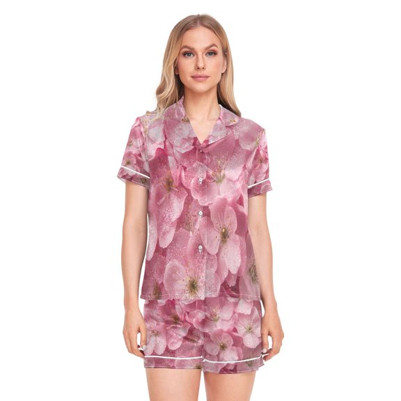 Women Silk Pajama Sets Causal Outings Fashion Pink Flowers with Glitter Pattern Home
