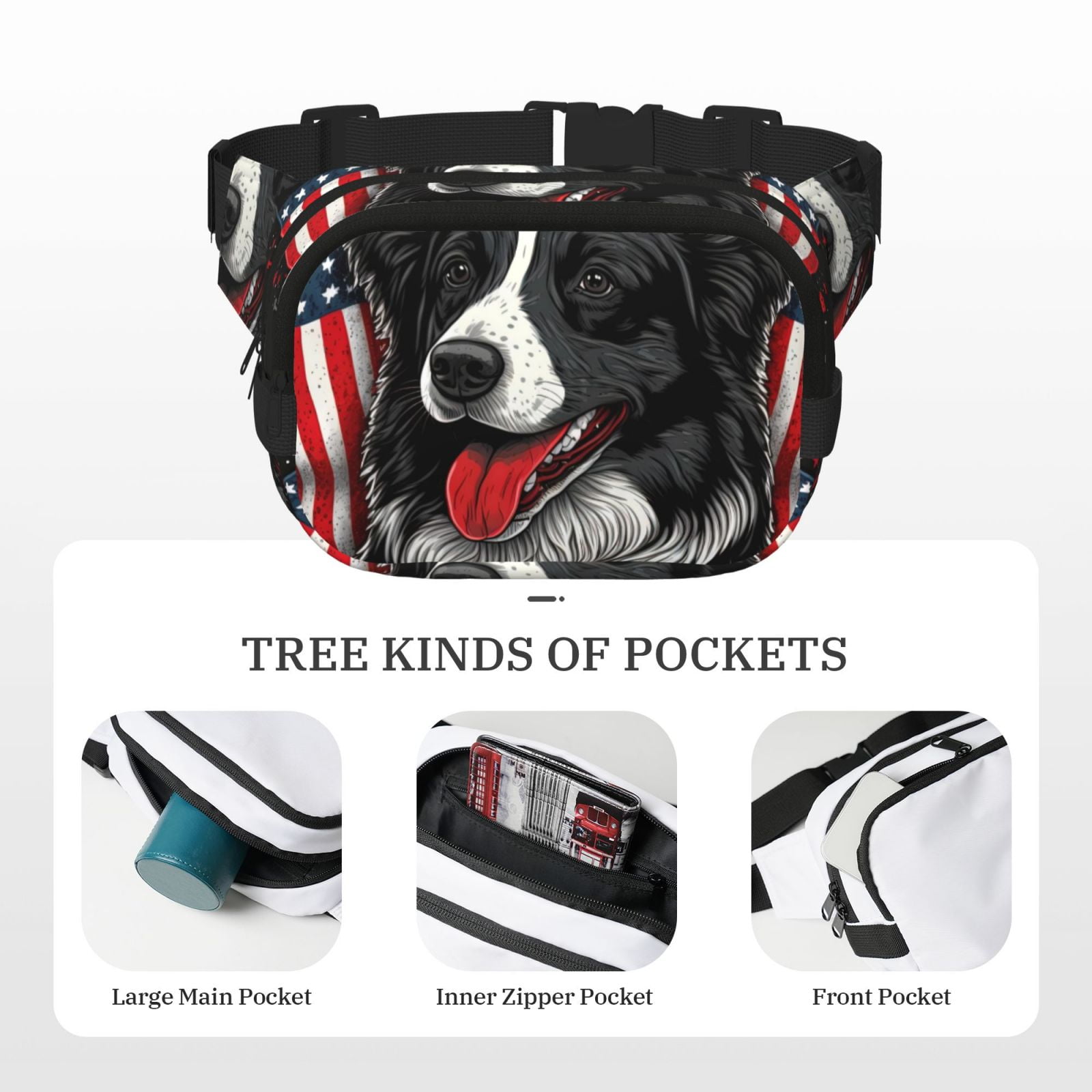 Rateoe Independence Day Collie Print Fanny Pack Belt Bag for Women and Men, Square Double-Layer Waterproof Waist Pack with Adjustable Strap for Hiking, Jogging, Cycling