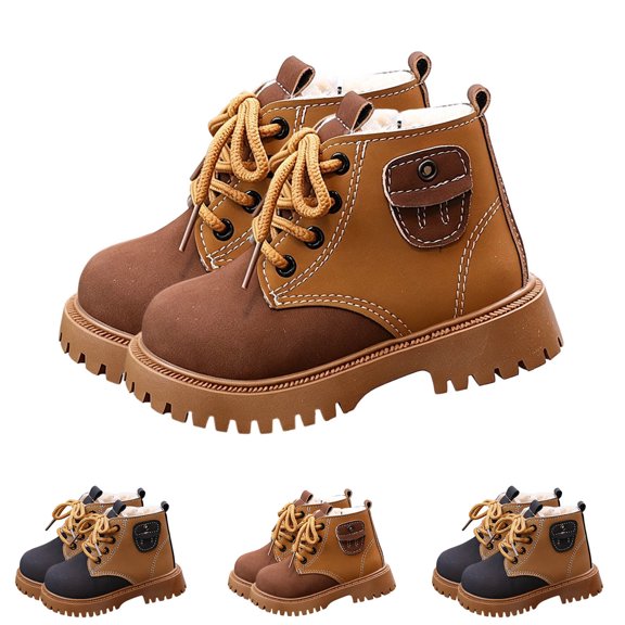 Womens Rain Boot Cameland Kids Fleece Lined Lace Up Ankle Boots Decor Strap Non Warm Winter Work Boots For Boys Girls Black