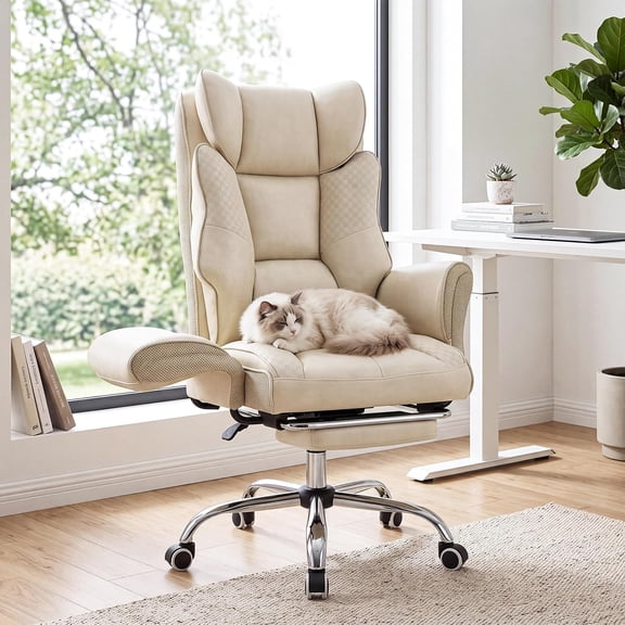Genuine leather large office and gaming chair with footrest and ergonomic lumbar support; 135° adjustable tilt angle; 350 lb heavy-duty load capacity. White.