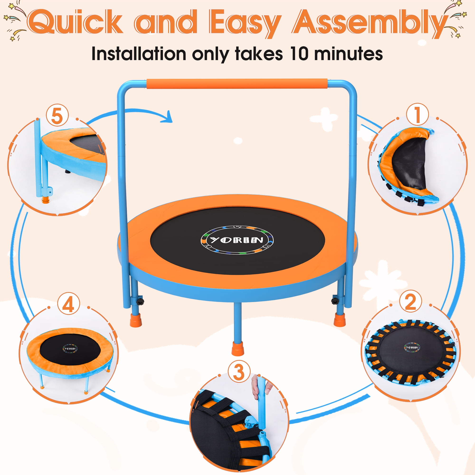 YORIN 36" Trampoline for Kids, 3FT Mini Indoor/Outdoor Foldable Toddler Trampoline with Adjustable Foam Handle, Small Rebounder Fitness Trampoline with No-Gap Padded Cover, Gift for Baby, Girls, Boys