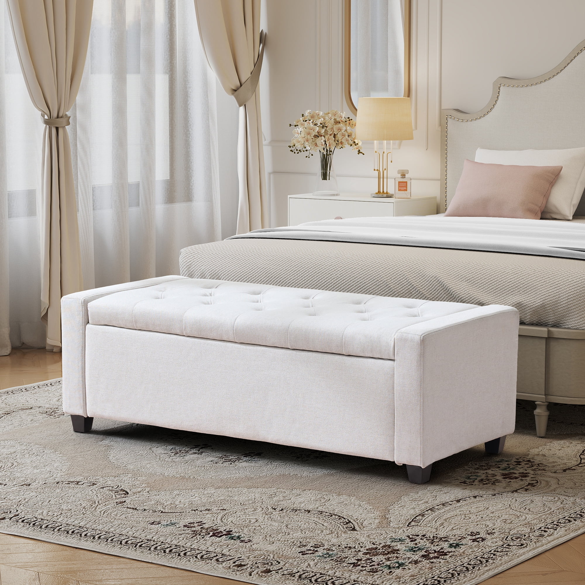 Aukfa 48" Storage Ottoman Bench,Faux Linen End of Bed Bench for Living Room, Bedroom, Entryway,Beige