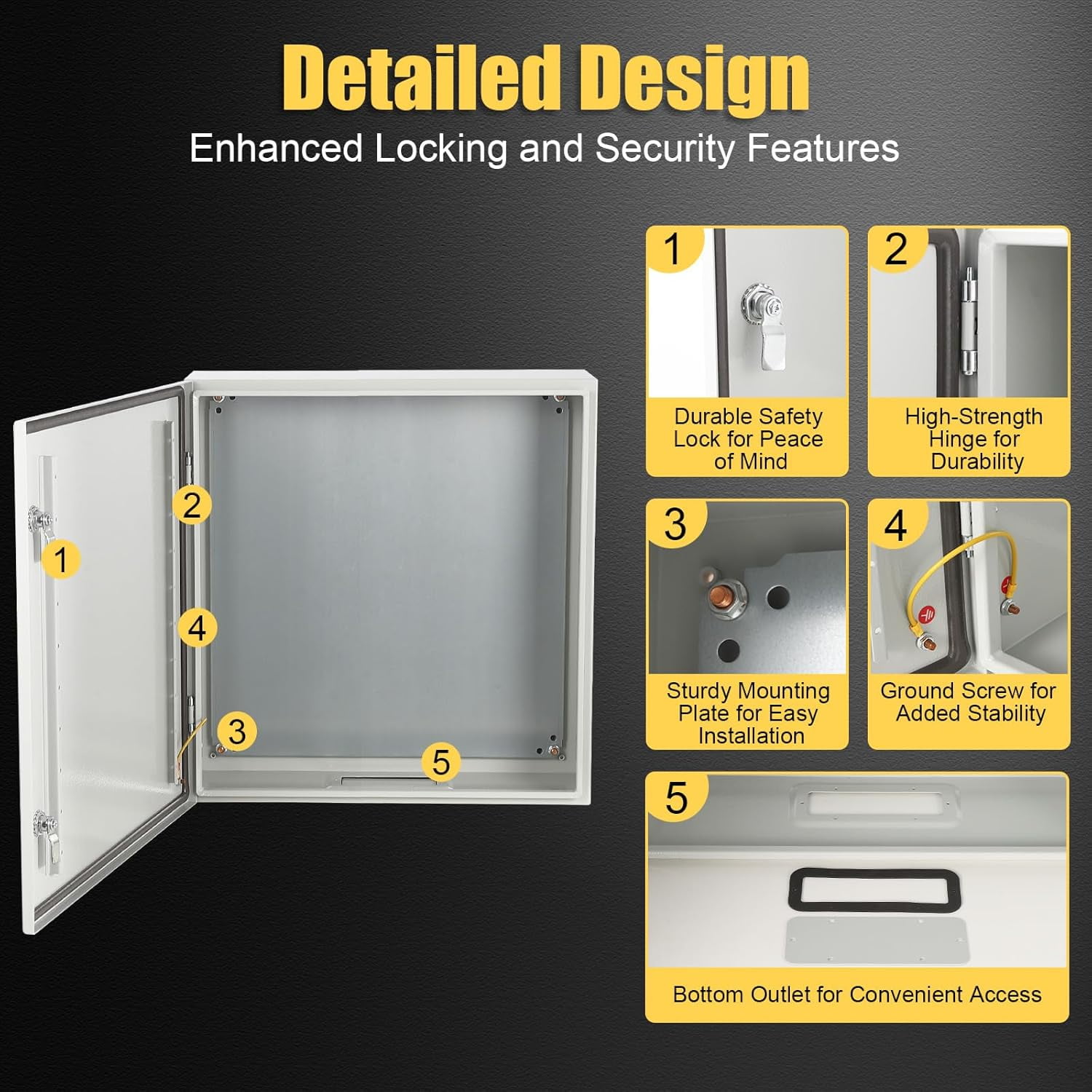 YUSAZENS 24x16x10 IP66 Steel Electrical Junction Box 1.5mm Wall Cold-Rolled Construction Lockable Door with Removable Galvanized Mounting Plate Waterproof Dustproof for Industrial Power Distribution