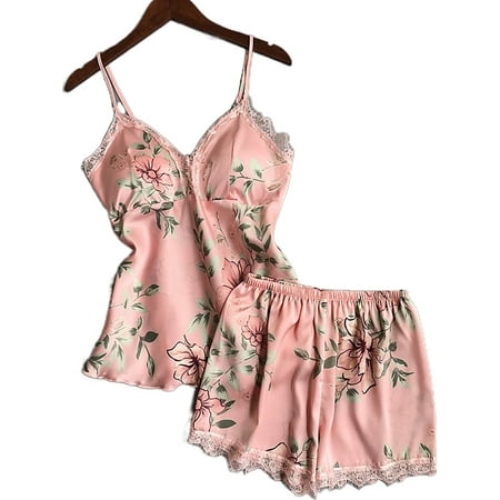 

Women Sexy Slip Satin Nightwear Lace Cami Padded+Shorts Flower Pajamas V-Neck Sleepwear Floral Silk Nighty