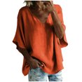 thumbnail image 2 of MORESEC Women's V Neck T-Shirt Cotton Linen Short Sleeve Flowy Casual Blouse Top Solid Basic Tee For Party Outfit And Daily Wear, Orange M, 2 of 7