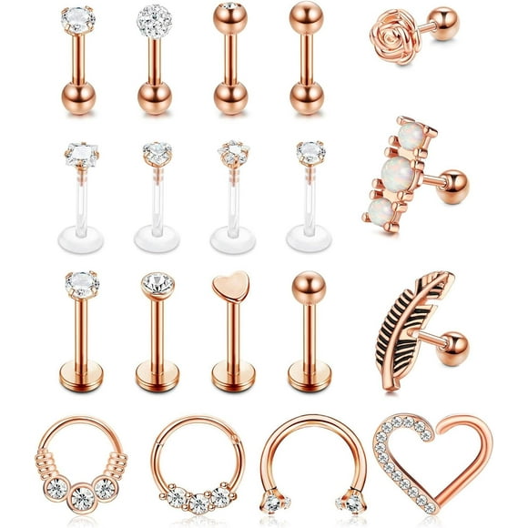 SURJDE 19pcs Stainless Steel Cartilage Helix Earring Tragus Labret Rook Daith Piercing Horseshoe Barbell Nose Lip Rings Piercing Jewelry for Women Men