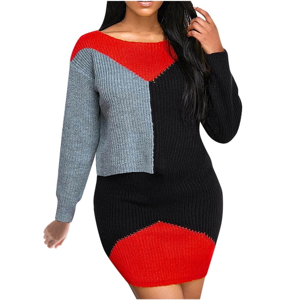 Otoño e Invierno mujer Casaul Patchwork manga larga cuello redondo suéter vestido Fridja nbo834