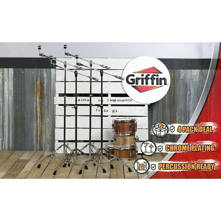 Cymbal Boom Stands (4 PACK) by GRIFFIN | Chrome Drum Kit Hardware Set with Double-Braced Tripod Legs | Counterweight Adapter for Mounting Heavy-Duty Crash, Ride & Splash Cymbals Cymbals