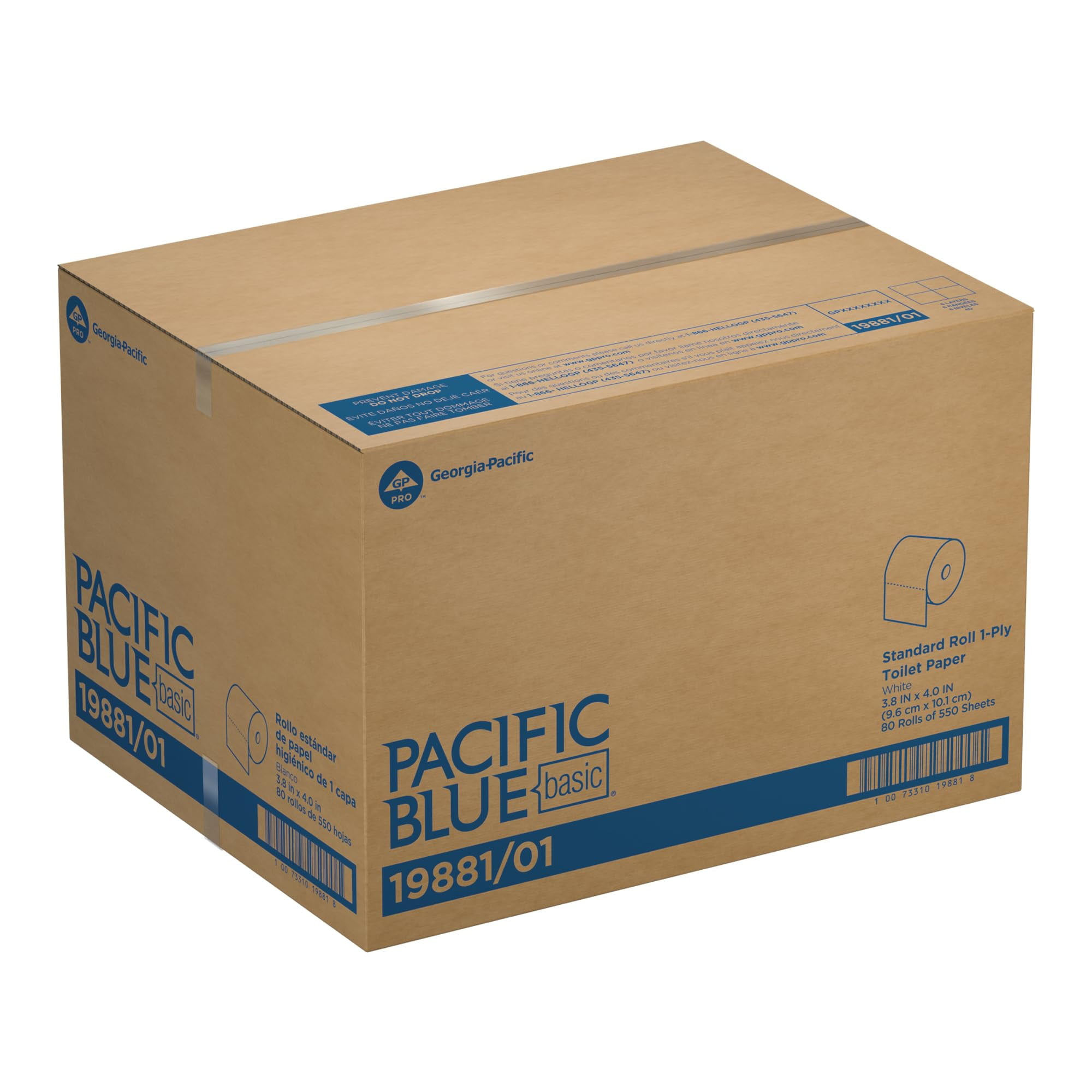 Pacific Blue Basic 1-Ply Septic Safe Bath Tissue, 80 Rolls, 550 Sheets Each, Rapid Dispersing Embossed Toilet Paper, White