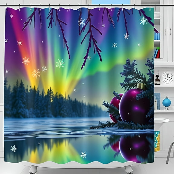 Winter Shower Curtain - Vibrant Northern Lights Design with Snowflakes & Festive Ornaments Perfect for Holiday Decor