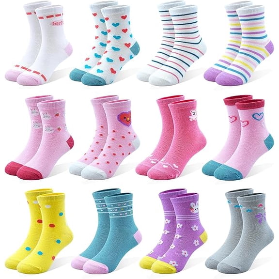 Toddler Socks 12 Pairs Kids Cartoon Socks for Girls 1-7 Years Old Crew Socks Set