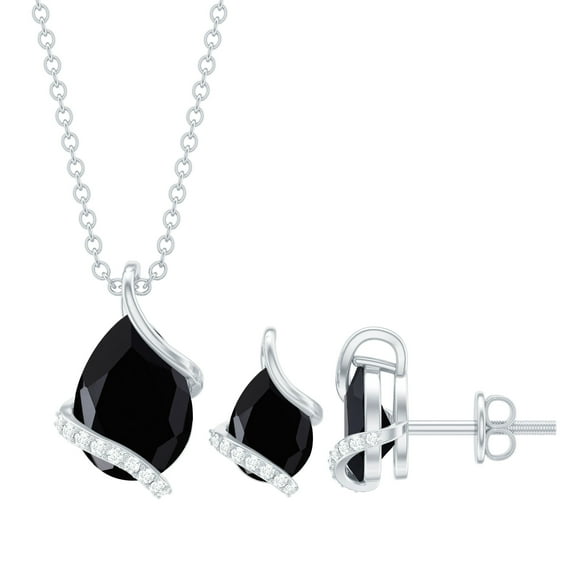 Rosec Jewels Real Black Spinel Jewelry Set with Moissanite - Cocktail Necklace and Earring Set - AAA Grade - Jewelry Box included, 925 Sterling Silver
