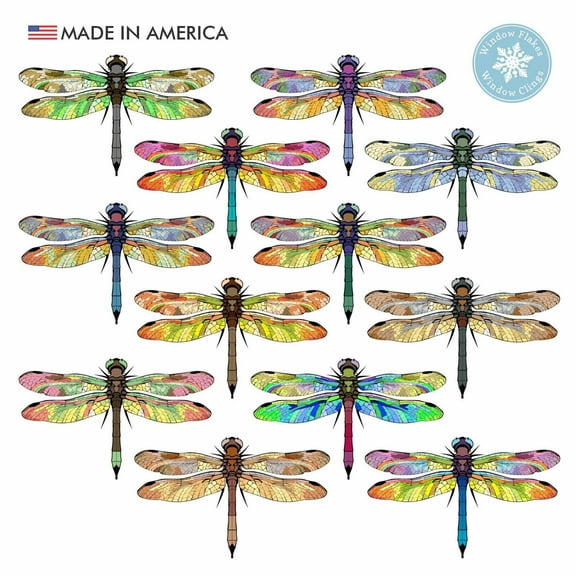 Window Flakes Anti-Collision Set of 12 Dragonfly Window Clings, Multicolor Vinyl Glass Safety Decals