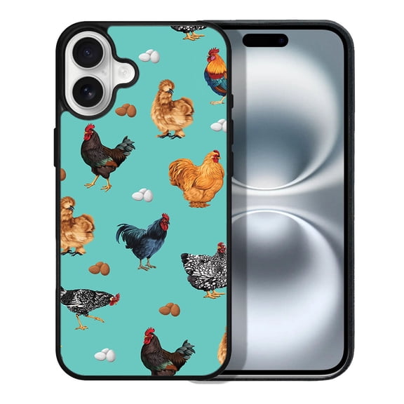 WIRESTER Shockproof Soft Rubber Cover Case for Apple iPhone 16 6.1" 2024, Barnyard Chicken Roosters Teal Background